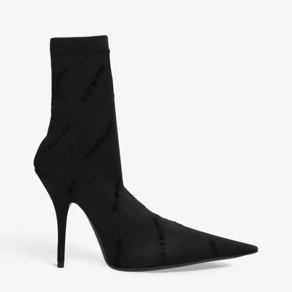 Authentic Balenciaga Black All Over Logo Naked Bootie Heeled Sock Shoes Size 37
